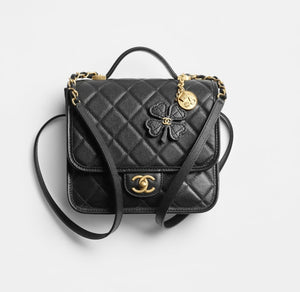 Grained Shiny Calfskin & Gold-Tone Metal Black