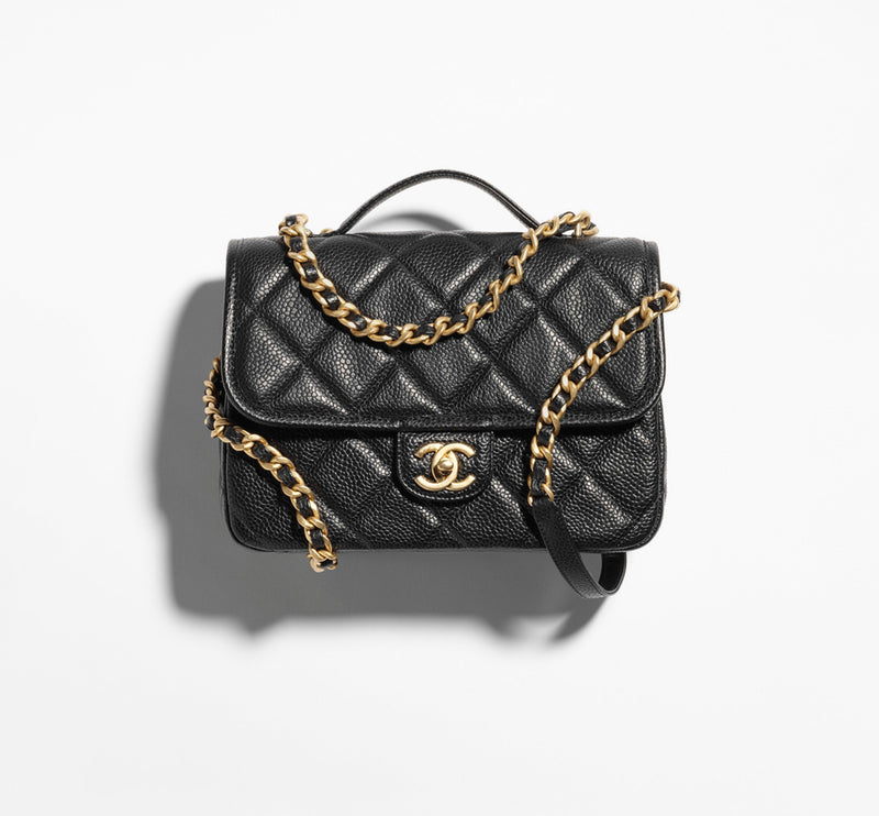 Grained Shiny Calfskin & Gold-Tone Metal Black