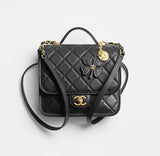 Grained Shiny Calfskin & Gold-Tone Metal Black