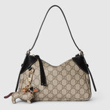 Emblem small shoulder bag dark brown fabric