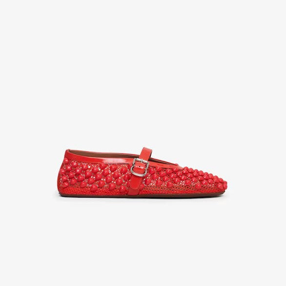BALLET FLATS WITH STUDS ON FISHNET RED