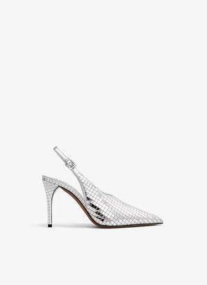ALAIA SILVER ART DECO SLINGBACKS IN MIRROR CALFSKIN