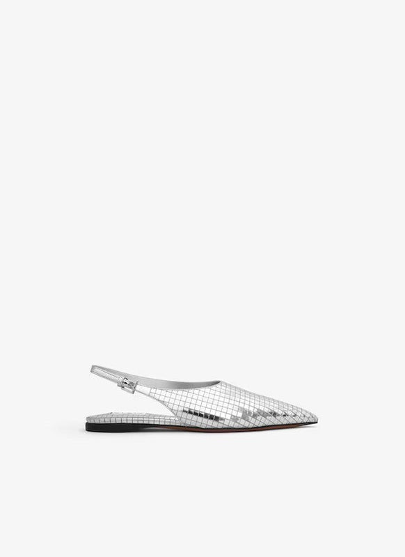 ALAIA SILVER ART DECO FLAT SLINGBACKS IN MIRROR CALFSKIN