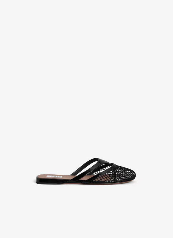 ALAIA BLACK INFRADITO FLAT MULES IN FISHNET AND LEATHER