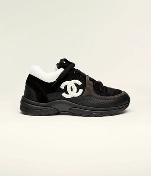 CHAENL SNEAKERS Mesh Suede Calfskin & Grained Calfskin?Black & White
