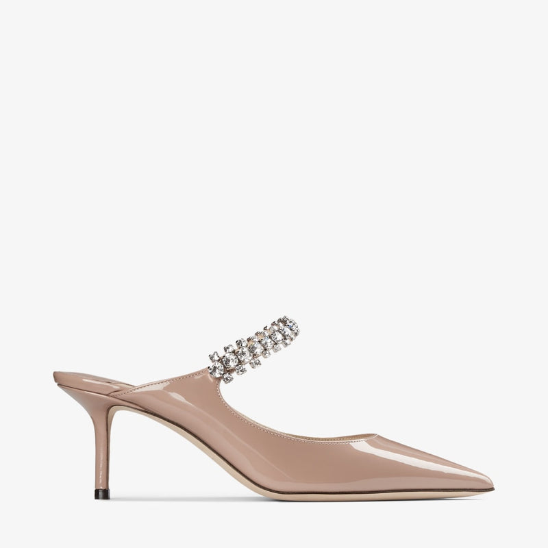jimmychoo Bing 65 Ballet Pink Patent Leather Mules with Crystal Strap