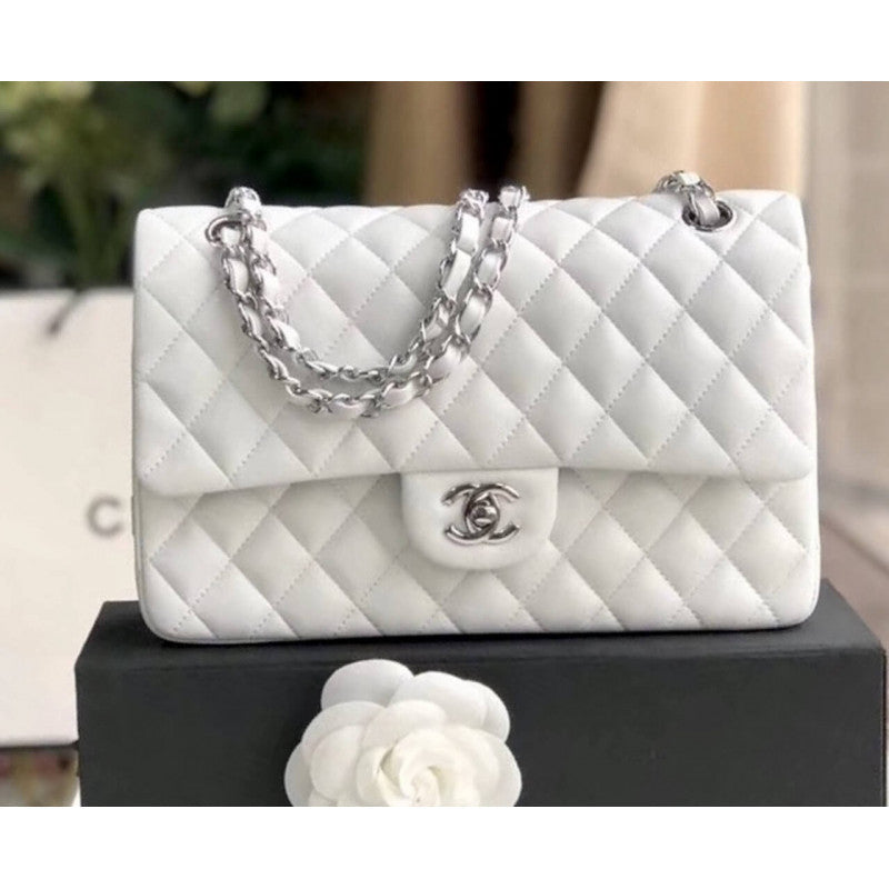 CC 1112 White Medium Size 2.55 Lambskin Leather Flap Bag