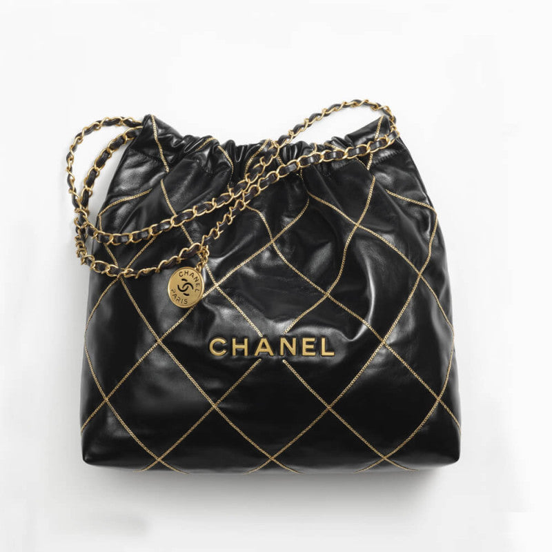 CC 22 Handbag Shiny Metallic Calfskin AS3260 Black/Gold