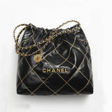 CC 22 Handbag Shiny Metallic Calfskin AS3260 Black/Gold