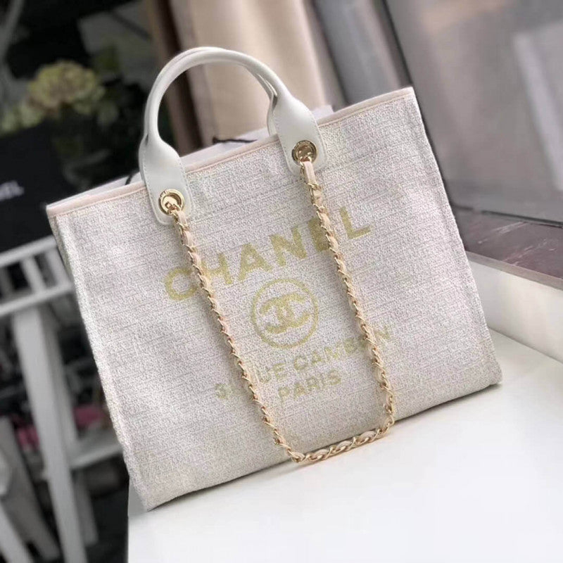 CC Deauville Tote 38cm Canvas Bag A66941 Beige/White
