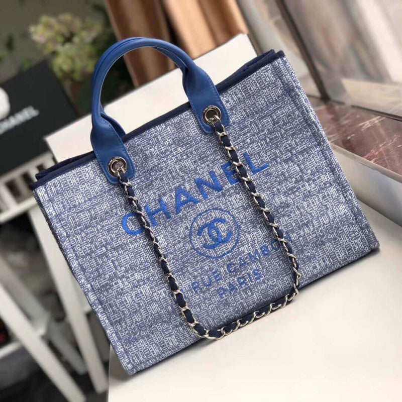 CC Deauville Tote 38cm Canvas Bag A66941 Blue Jacquard