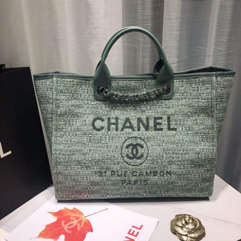 CC Deauville Tote 38cm Canvas Bag A66941 Fig Green