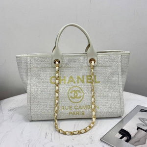 CC Deauville Tote 38cm Canvas Bag A66941 White/Gold