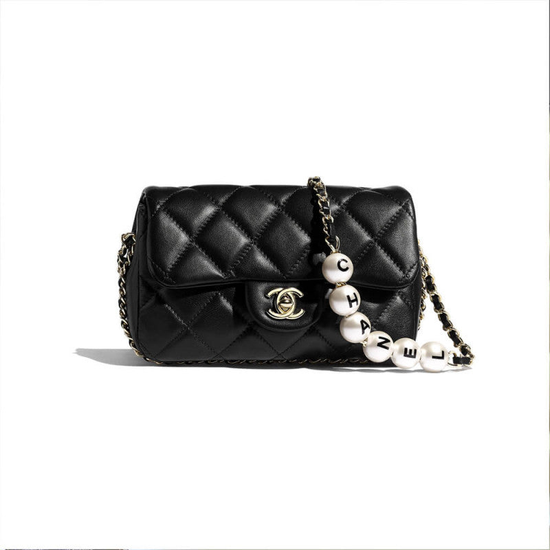 CC Small Pearl Logo Strap Flap Bag AS1436 Black