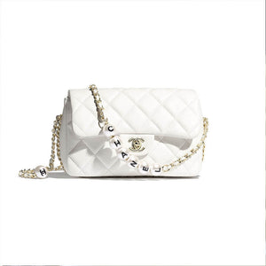 CC Small Pearl Logo Strap Flap Bag AS1436 White