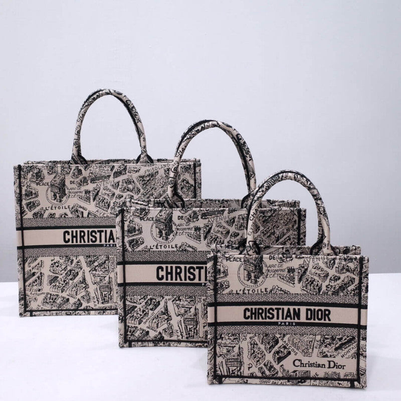 Christian Book Tote Beige and Black Plan de Paris Embroidery