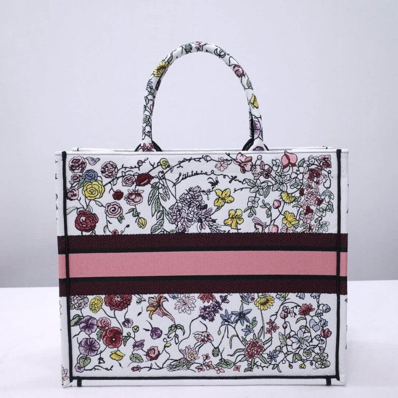 Book Tote White Multicolor Florilegio Embroidery
