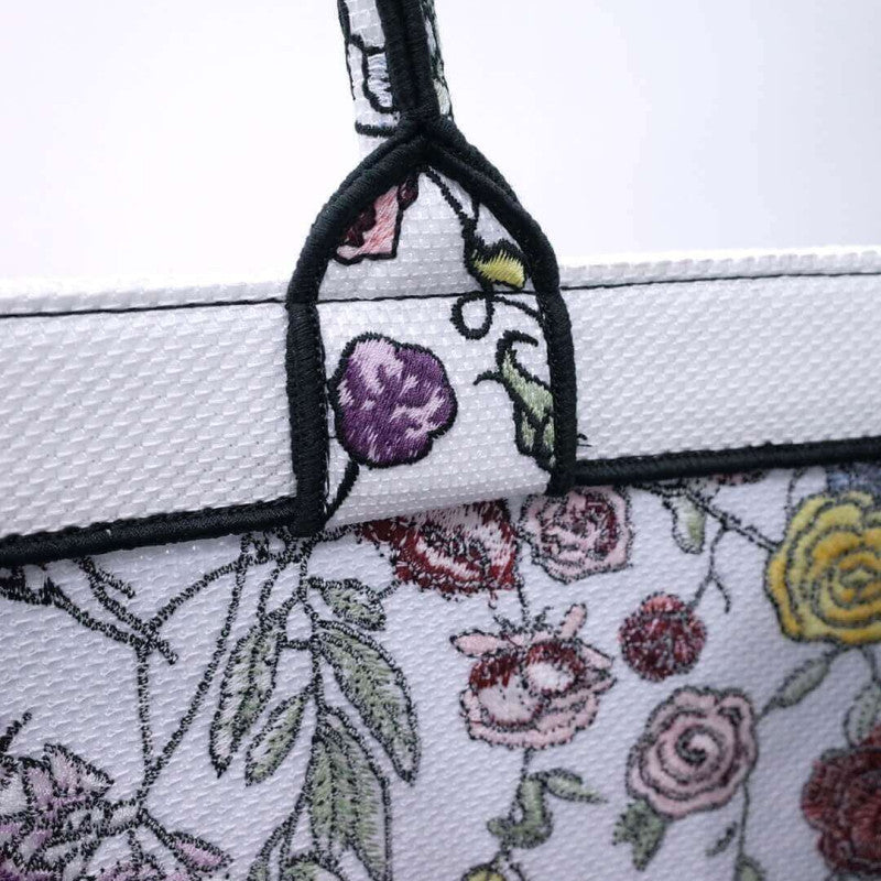 Book Tote White Multicolor Florilegio Embroidery