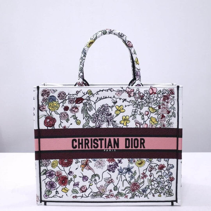 Book Tote White Multicolor Florilegio Embroidery