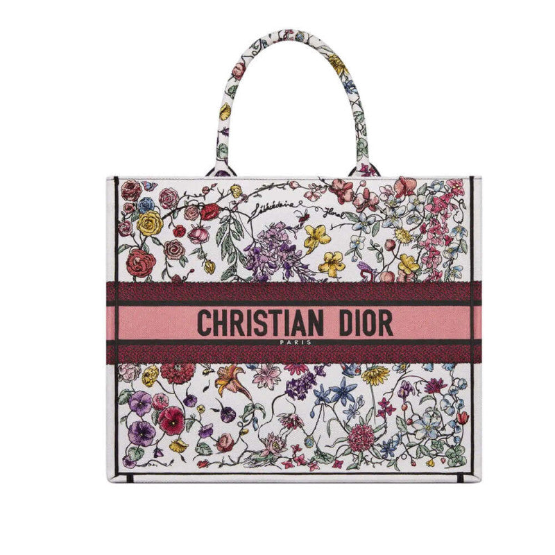 Book Tote White Multicolor Florilegio Embroidery