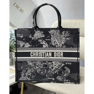 Christian   Large Book Tote Black Toile de Jouy Zodiac Embroidery M1286