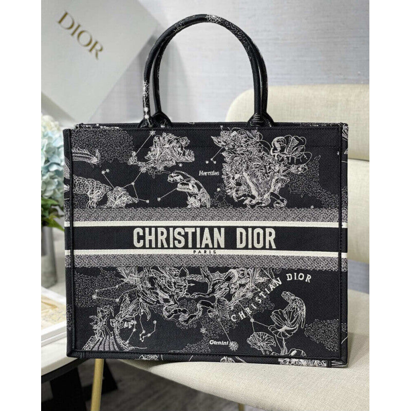 Christian Large Book Tote Black Toile de Jouy Zodiac Embroidery M1286