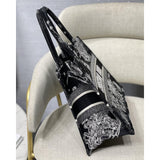 Medium Book Tote Black Toile de Jouy Zodiac Embroidery M1296