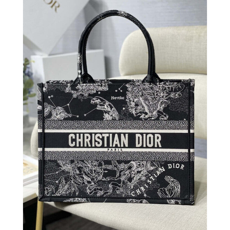 Christian Medium Book Tote Black Toile de Jouy Zodiac Embroidery M1296