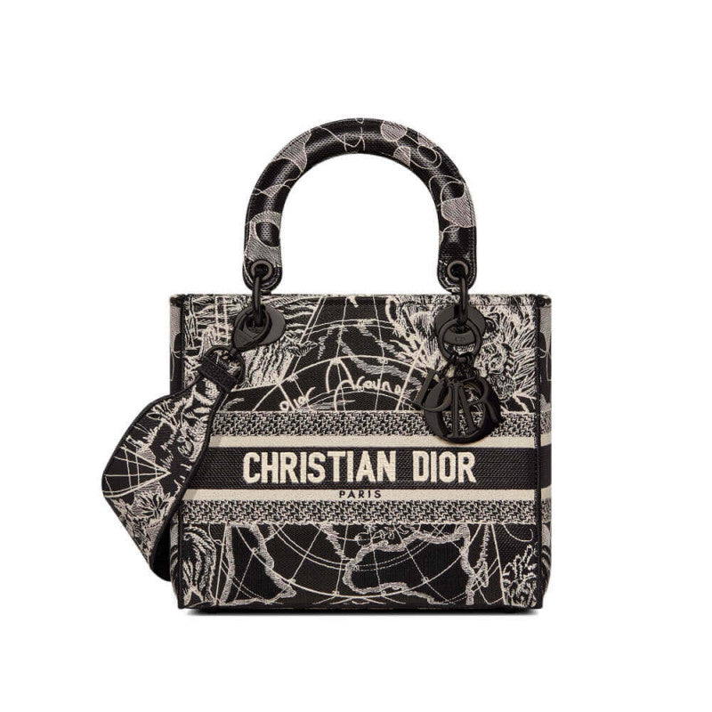 Christian Medium Lady D-Lite Bag Black and White Around the World Embroidery M0565