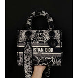 Medium Lady D-Lite Bag Black and White Around the World Embroidery M0565