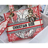 Medium Lady D-Lite Bag Red and White D-Royaume d'Amour Embroidery M0565
