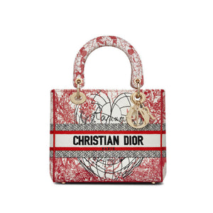 Christian   Medium Lady D-Lite Bag Red and White D-Royaume d'Amour Embroidery M0565