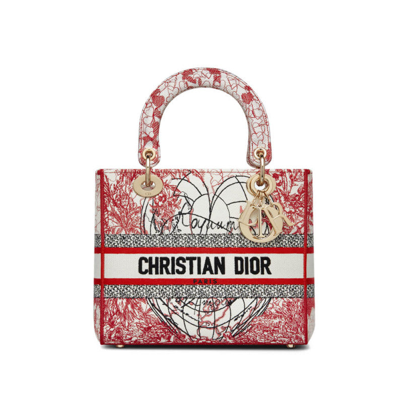 Christian Medium Lady D-Lite Bag Red and White D-Royaume d'Amour Embroidery M0565