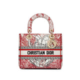 Medium Lady D-Lite Bag Red and White D-Royaume d'Amour Embroidery M0565