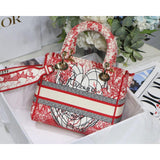 Medium Lady D-Lite Bag Red and White D-Royaume d'Amour Embroidery M0565