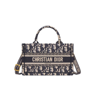Christian   Mini Book Tote With Strap Blue and Beige Oblique Embroidery S5573