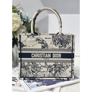 Christian   Small Book Tote Bag 26cm Latte Toile De Jouy Zodiac Embroidery Beige