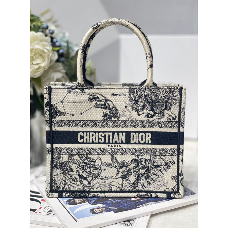 Christian Small Book Tote Bag 26cm Latte Toile De Jouy Zodiac Embroidery Beige