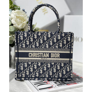 Christian   Small Book Tote Bag 26cm Oblique Embroidery Blue