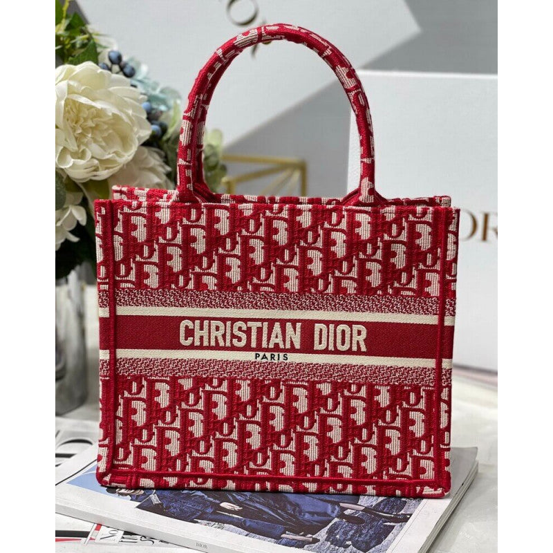 Christian Small Book Tote Bag 26cm Oblique Embroidery Red