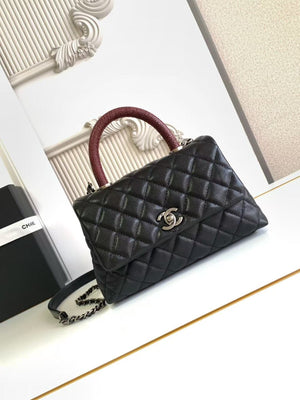 Chic Black CC Flap Bag with Burgundy Handle