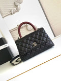 Chic Black CC Flap Bag with Burgundy Handle