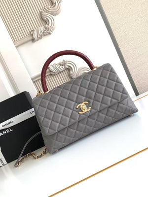 Chic Grey CC Flap Bag with Burgundy Handle