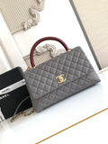 Chic Grey Flap Bag with Burgundy Handle
