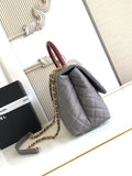 Chic Grey Flap Bag with Burgundy Handle