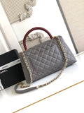 Chic Grey Flap Bag with Burgundy Handle