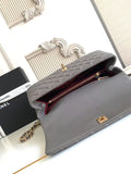 Chic Grey Flap Bag with Burgundy Handle