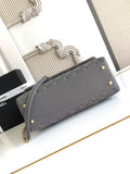 Chic Grey Flap Bag with Burgundy Handle