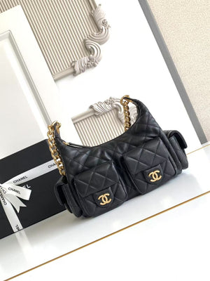 CC Black Quilted Shoulder Bag with Exquisite Metal Chain Detailing