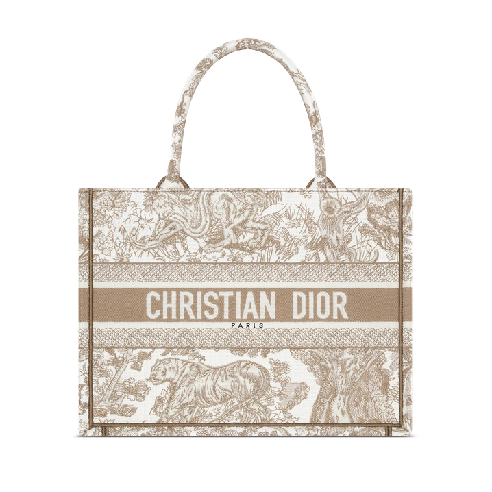 Medium Book Tote White and Beige Toile de Jouy